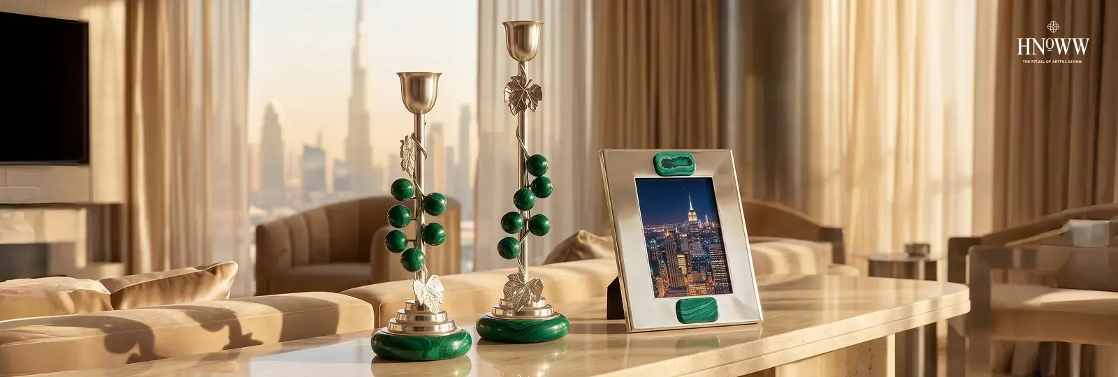 Malachite objects in a modern luxury Dubai interior