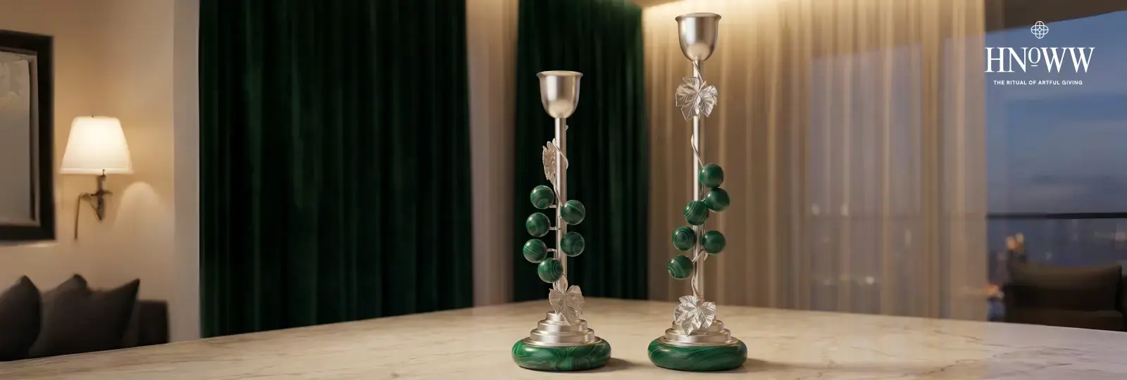 Silver-plated brass candlesticks with malachite base for luxury table decor